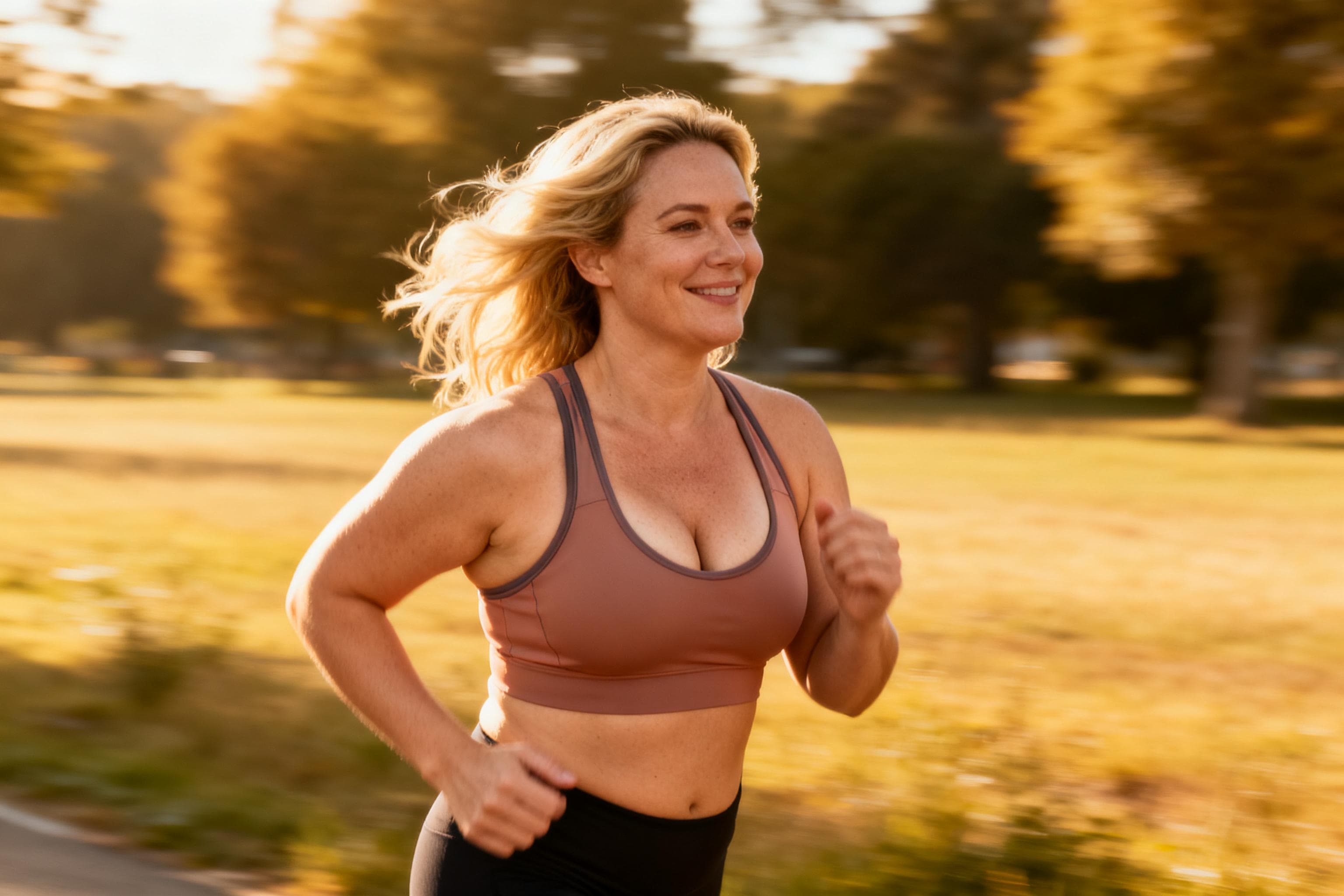 Woman running outdoors at golden hour, feeling strong and confident